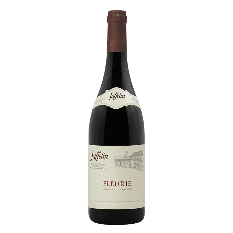 Bottle of Jaffelin Fleurie red wine from the Beaujolais region of France, featuring a cream label with vineyard illustration and a branded neck label, displayed against a plain light background.